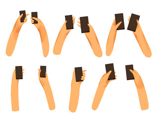 Human hands, man and woman palms holding a black Phone with black screen vector flat collection with light texture. Set of different male and female palms with phone positions isolated on white