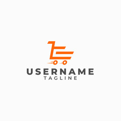 retail logo is orange. illustration of a shopping cart being pushed quickly.