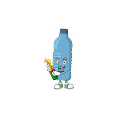 Mascot cartoon design of mineral bottle making toast with a bottle of beer