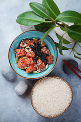 Poke bowl with salmon and a coconut shell with raw rice, above view on a light-blue stone background with green ficus leaves and pebbles