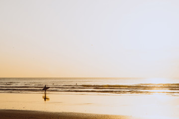 Ocean sunset, surfer backlit silhouette, warm orange colour