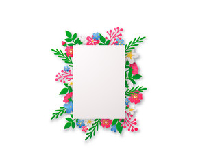 Spring vector background with paper cut flowers and geometric frame.