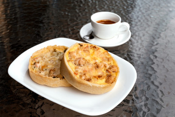 Tart pie with salmon and spinach, bakery menu. Healthy food, natural ingredients.