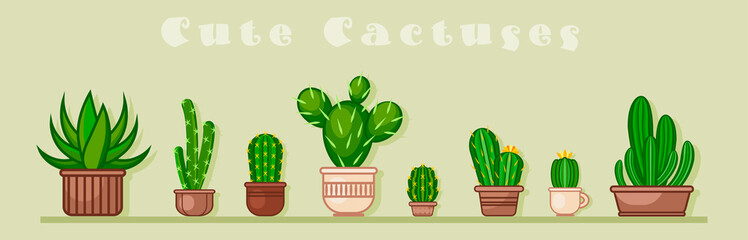 Cactus icons in a flat style on background. Home plants cactus in pots and with flowers. A variety of decorative cactus with prickles and without.