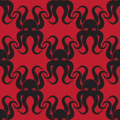 Seamless octopus pattern on red background. Vector image