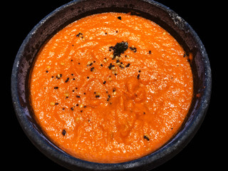 India food: Tomato chutney with black isolated background:
It is a type of chutney prepared using tomatoes as the primary ingredient.
Can be used to accompany myriad foods and dishes, kebabs, sandwich