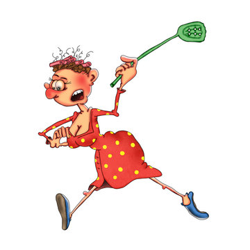Housewife is running with a fly-swatter. Cartoon illustration on a white background.