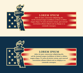 Statue of Liberty torch, New York, Manhattan, USA – patriotic conceptual templates, isolated on light and dark backgrounds.
