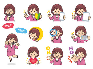 アナウンサーの女性バリエーション　初心者マーク　スマートフォン　タブレット　虫眼鏡　クレジットカード　ハート　OK　NO