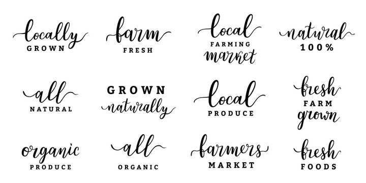 Farmers market lettering logo collection, handwritten calligraphy for food fair isolated on white, vector labels, bundle of typography compositions, farm organic produce, all natural local foods