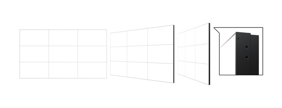 Set of Views of Detailed 3x3 Video Walls Templates (9 screens). 3D Render Isolated on White Background.