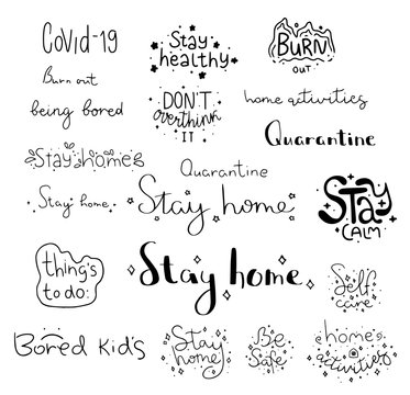 stay home, stay calm, quarantine letterings set, collection of coronavirus vector letterings