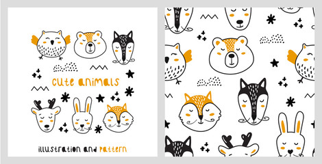 Fototapeta na wymiar Illustration and seamless pattern with cute animals in scandinavian style.
