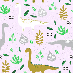 Pattern with hand drawn dino in scandinavian style.