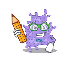 Obraz premium A brainy student staphylococcus aureus cartoon character with pencil and glasses