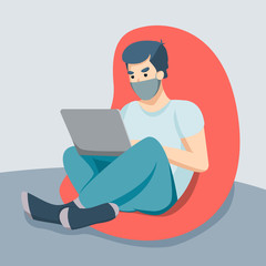 A young man works at a laptop from home in a bag chair. Working from home during the pandemic. Work in quarantine. Happy guy at the laptop. Vector flat illustration.