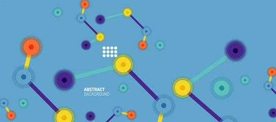 Flat style geometric abstract background, round dots or circle connections on color background. Technology network concept.