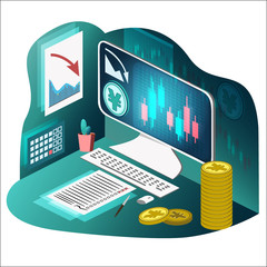 Yen, Yuan, desktop computer, graph of the fall on the screen, Japanese candles. Checklist. Isometric. Vector illustration. Transparence White Isolated.