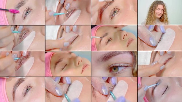 Collage, multi-shot, close-up of the face and eyes of a girl who is in a beauty salon and does the lamination of eyelashes and the shape of the eyebrows with gel.