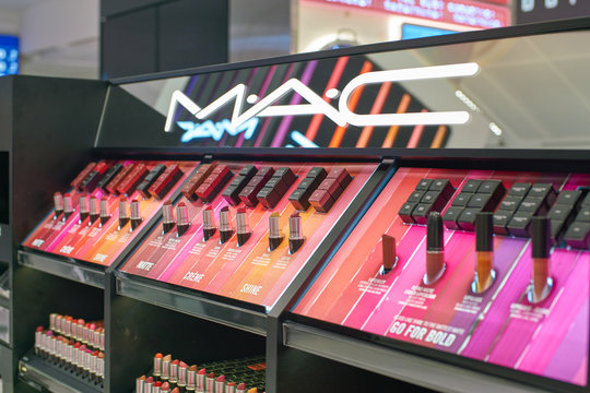 DUBAI, UAE - CIRCA FEBRUARY, 2019: MAC makeup products on display at Dubai International Airport.