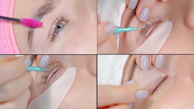 Collage, multi-shot, close-up of the face of a girl who is in a beauty salon and does the lamination of eyelashes and the shape of the eyebrows with gel.
