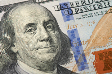 Portrait of US president Benjamin Franklin on 100 dollars banknote