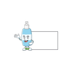 An image of spray hand sanitizer with board mascot design style