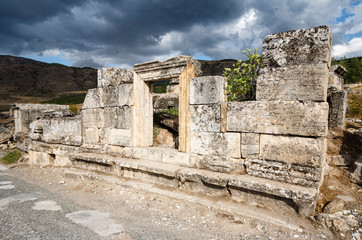 Fototapeta na wymiar Ruins of the largest antique necropolis in city Hierapolis in terrain of Turkey