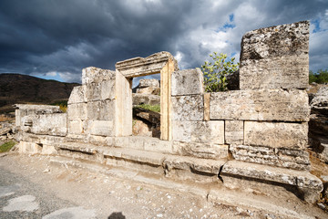 Ruins of the largest antique necropolis in city Hierapolis in terrain of Turkey