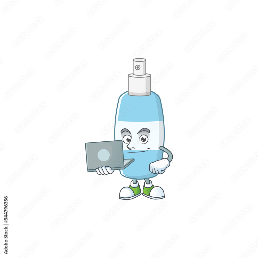 Poster Diligent spray hand sanitizer mascot design style working from home with laptop