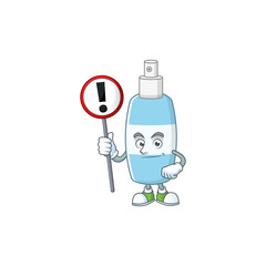 A picture of spray hand sanitizer cartoon character concept holding a sign