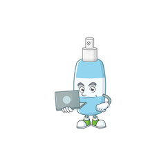 Diligent spray hand sanitizer mascot design style working from home with laptop