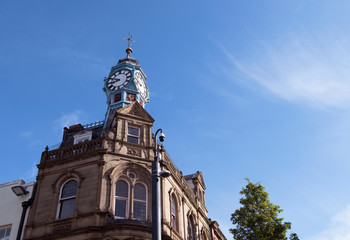 Fototapeta na wymiar Clock tower in Doncaster, South Yorkshire, England, during the lock down era.