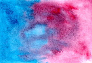 Abstract watercolor background. Watercolor painted blots. Red, pink, purple and blue colors. Hand painted art. Gradient with splash texture
