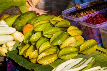 The star fruit on the food stall in Sanjay Gandhi National Park Mumbai India.
It is the fruit of Averrhoa carambola, a species of tree native to tropical Southeast Asia.