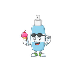 Cute spray hand sanitizer cartoon character enjoying an ice cream