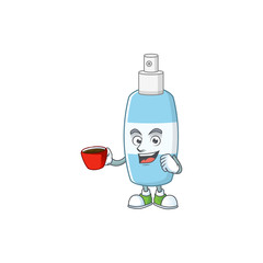An image cartoon character of spray hand sanitizer with a cup of coffee