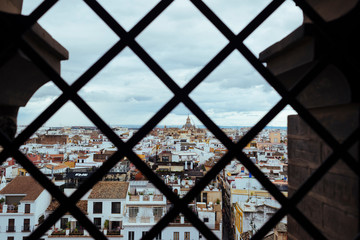 The city of Seville through a fence of the Giralda.