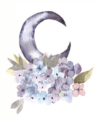 Watercolor illustration. Moon, bouquet of roses and fir branches. Crescent moon with flower composition. Trendy Bohemian style illustration with hydrangea, rose and eucalyptus. Tribal vibes print.  - 344798395