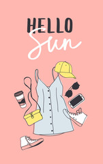 Hand drawn Fashion Illustration Summer Outfit and text. Season Look on Orange Vector Background and lettering. Artistic Doddle Drawing Actual Wear and quote. Creative Ink Art Work