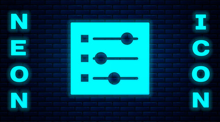 Glowing neon Car settings icon isolated on brick wall background. Auto mechanic service. Repair service auto mechanic. Maintenance sign. Vector Illustration