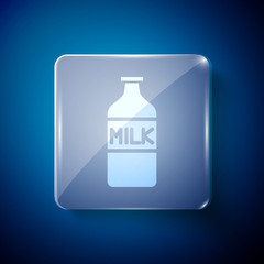 White Closed glass bottle with milk icon isolated on blue background. Square glass panels. Vector Illustration