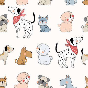 Cartoon cute dogs characters. Animal seamless pattern. Tee print hand drawn illustration.
