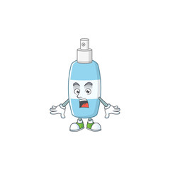 A cartoon design of spray hand sanitizer showing an amazed gesture