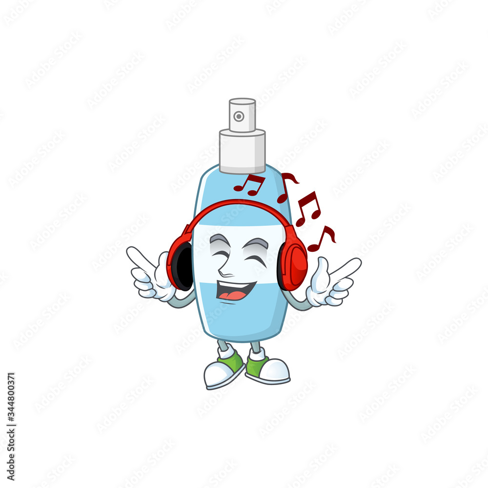 Poster Cartoon mascot design spray hand sanitizer enjoying music with headset