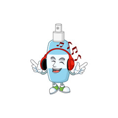 Cartoon mascot design spray hand sanitizer enjoying music with headset