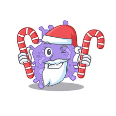 Friendly staphylococcus aureus in Santa Cartoon character holds Christmas candies