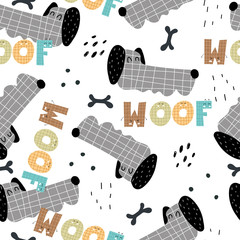 Seamless pattern with cartoon dogs, hand drawing lettering, decor elements. colorful vector for kids. Animals. flat style. baby design for fabric, print, textile, wrapper