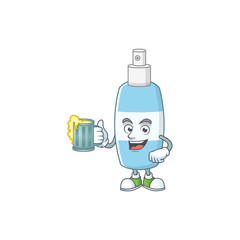 Happy spray hand sanitizer mascot style toast with a glass of beer