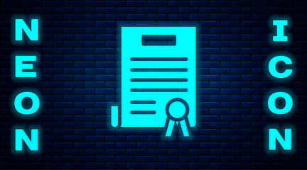 Glowing neon Declaration of independence icon isolated on brick wall background. Vector Illustration